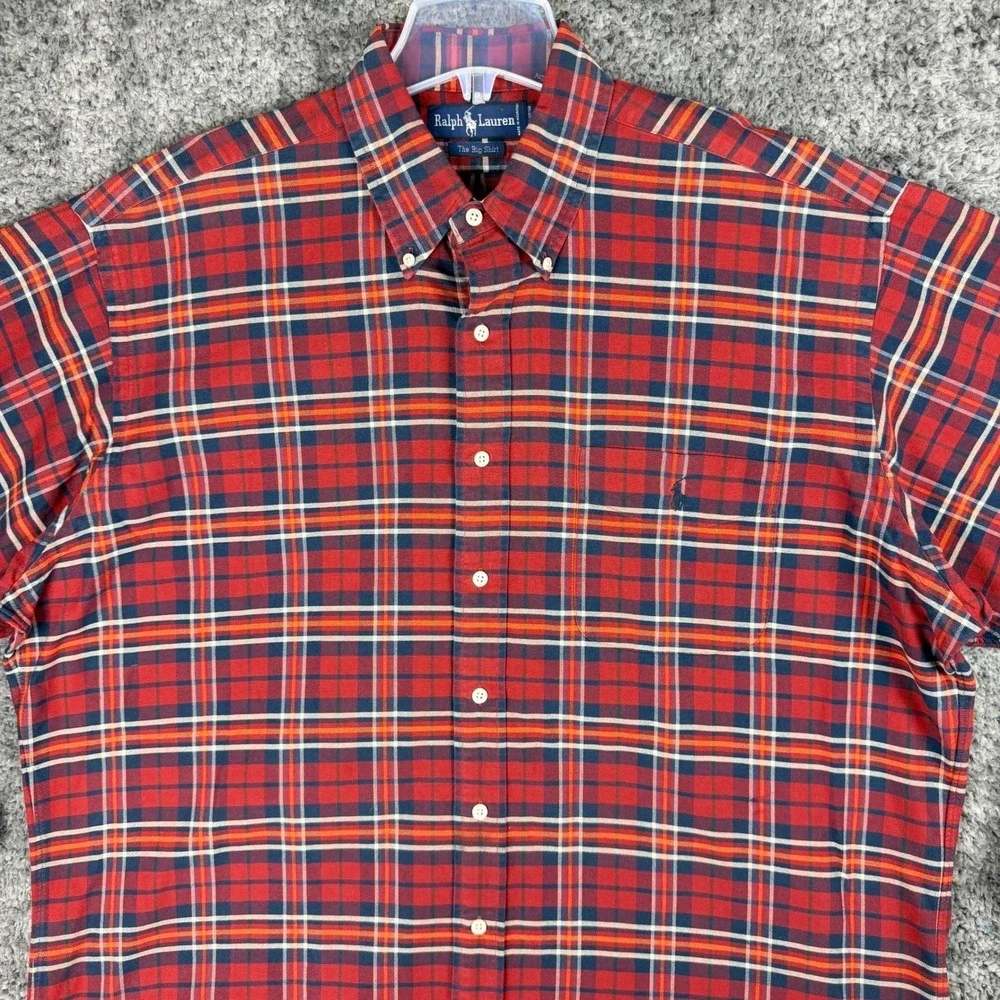 Vtg 90s Ralph Lauren The Big Shirt Mens L Plaid Red Blue Pony Cotton Long Sleeve